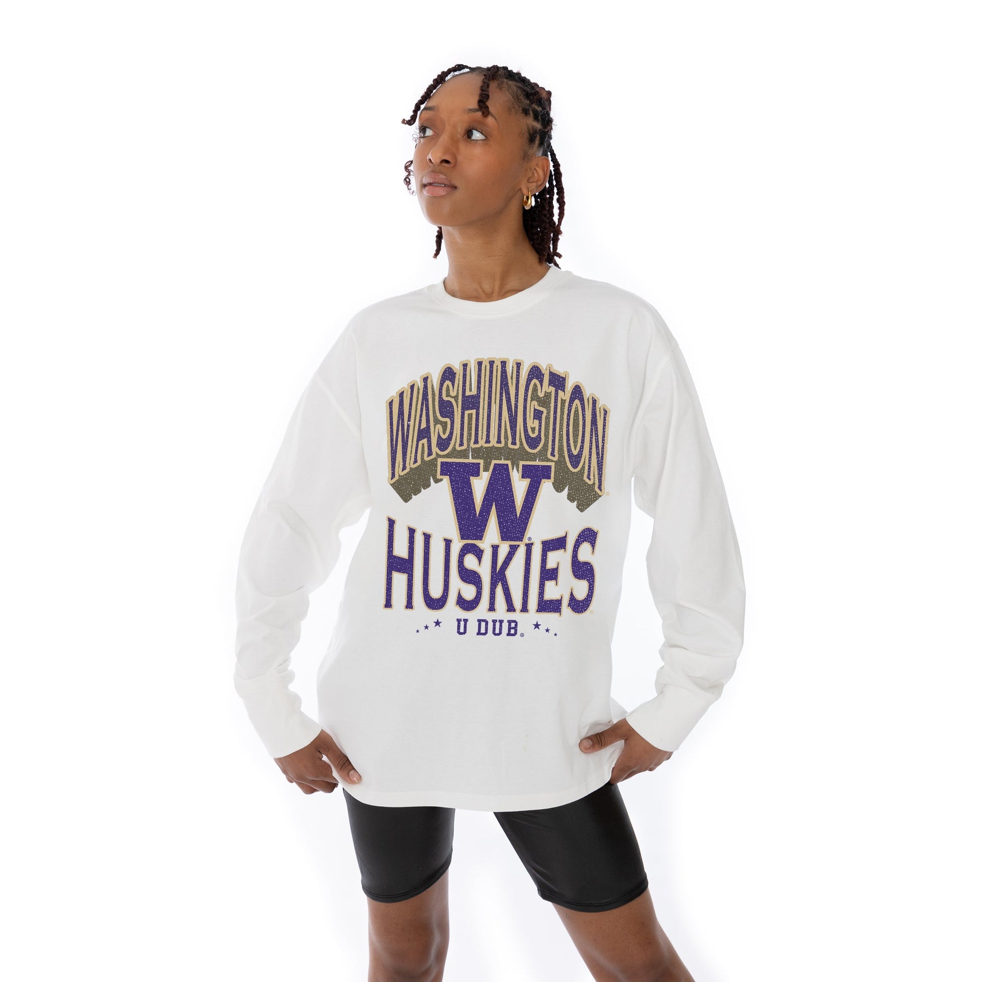 WASHINGTON HUSKIES TIME OUT OVERSIZED MIDWEIGHT LONG SLEEVE TEE WITH RIBBED NECKLINE AND CUFFS
