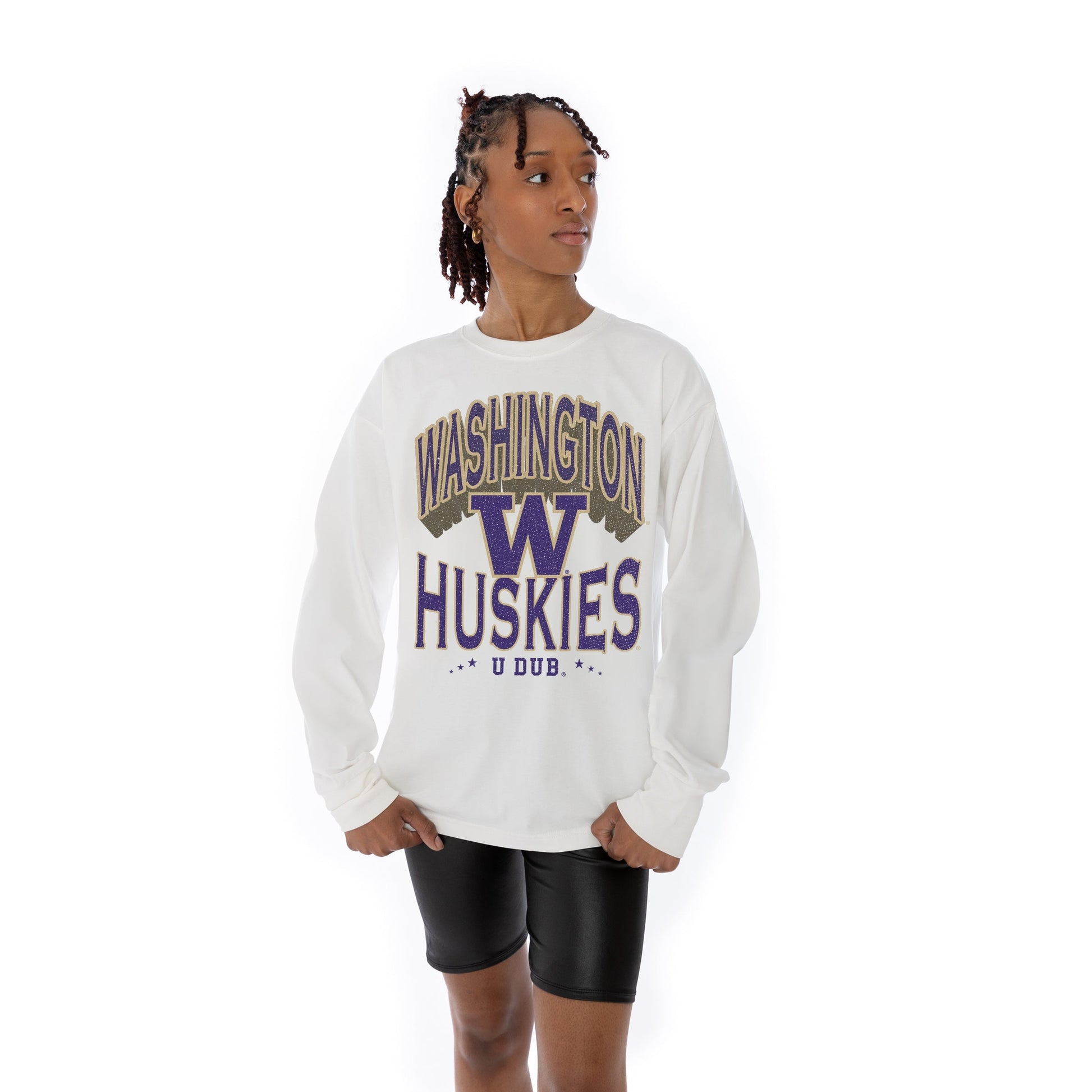 WASHINGTON HUSKIES TIME OUT OVERSIZED MIDWEIGHT LONG SLEEVE TEE WITH RIBBED NECKLINE AND CUFFS