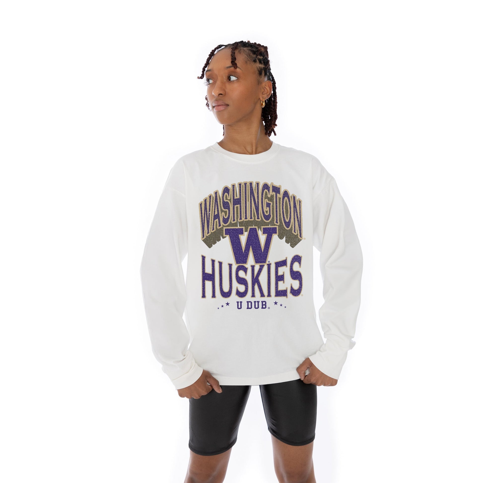WASHINGTON HUSKIES TIME OUT OVERSIZED MIDWEIGHT LONG SLEEVE TEE WITH RIBBED NECKLINE AND CUFFS
