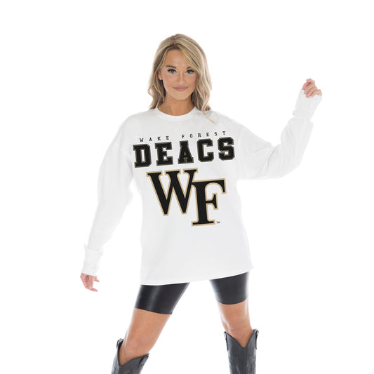 WAKE FOREST DEMON DEACONS BIG GOALS OVERSIZED MIDWEIGHT LONG SLEEVE TEE WITH RIBBED NECKLINE AND CUFFS