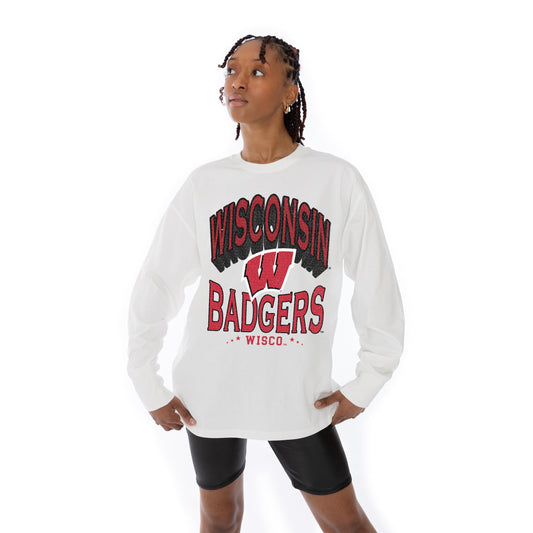 WISCONSIN BADGERS TIME OUT OVERSIZED MIDWEIGHT LONG SLEEVE TEE WITH RIBBED NECKLINE AND CUFFS