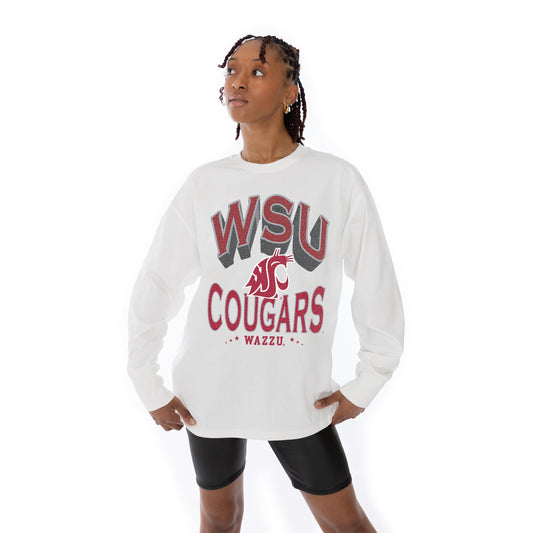 WASHINGTON STATE COUGARS TIME OUT OVERSIZED MIDWEIGHT LONG SLEEVE TEE WITH RIBBED NECKLINE AND CUFFS