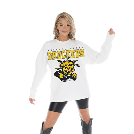 WICHITA STATE SHOCKERS BIG GOALS OVERSIZED MIDWEIGHT LONG SLEEVE TEE WITH RIBBED NECKLINE AND CUFFS
