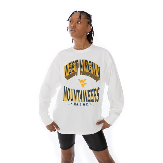 WEST VIRGINIA MOUNTAINEERS TIME OUT OVERSIZED MIDWEIGHT LONG SLEEVE TEE WITH RIBBED NECKLINE AND CUFFS