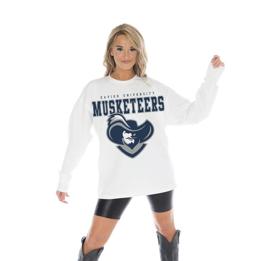 XAVIER MUSKETEERS BIG GOALS OVERSIZED MIDWEIGHT LONG SLEEVE TEE WITH RIBBED NECKLINE AND CUFFS