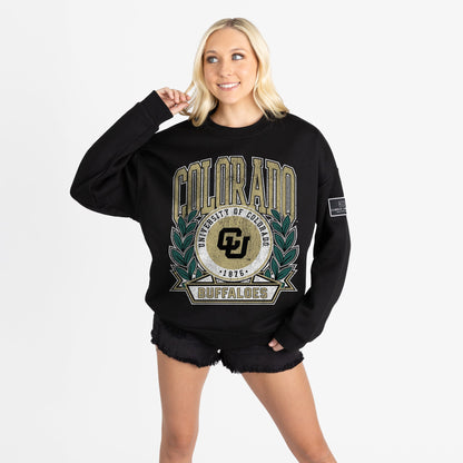 COLORADO BUFFALOES VICTORY LANE BLACK LABEL PREMIUM FLEECE DROP SHOULDER CREWNECK