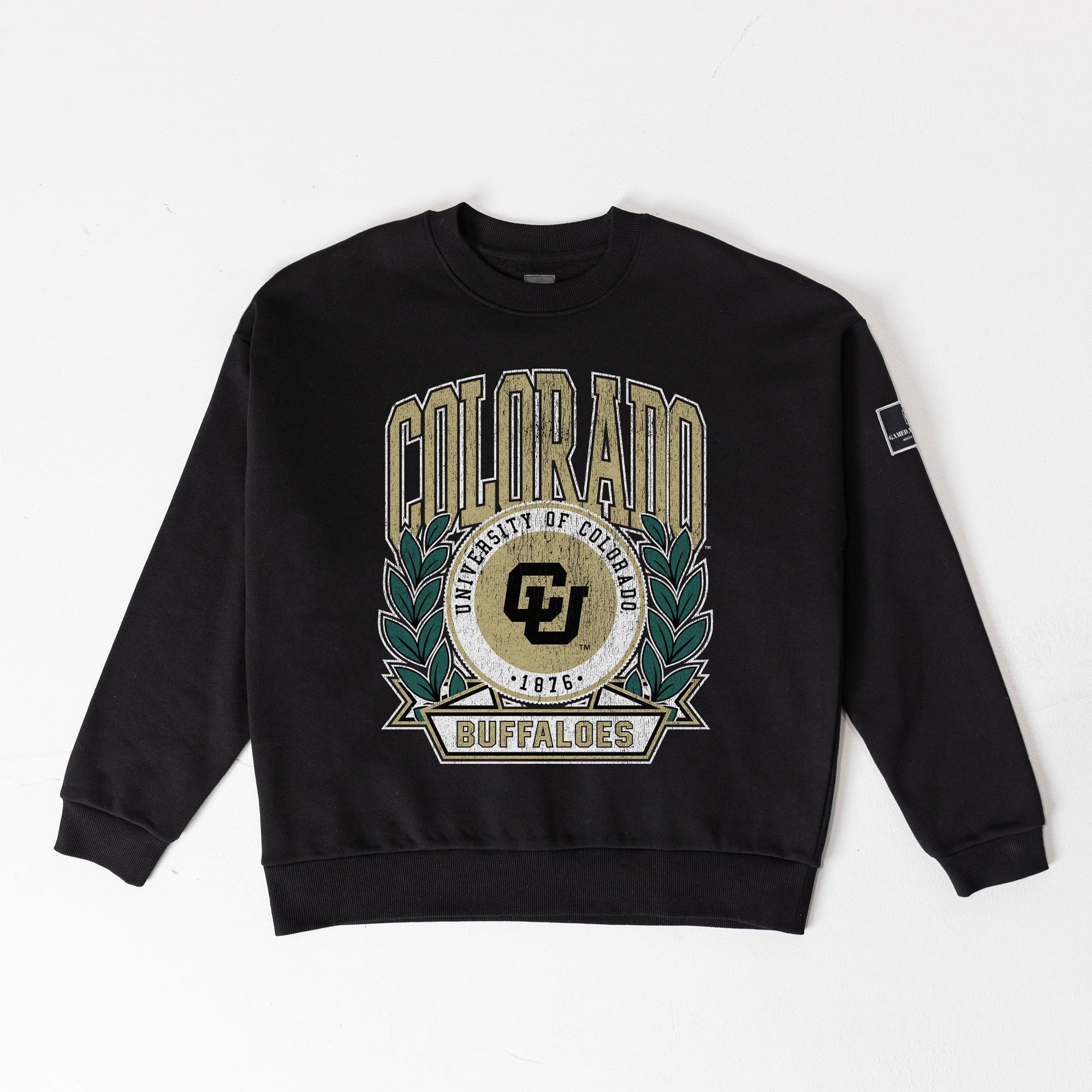 COLORADO BUFFALOES VICTORY LANE BLACK LABEL PREMIUM FLEECE DROP SHOULDER CREWNECK