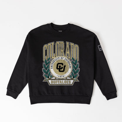 COLORADO BUFFALOES VICTORY LANE BLACK LABEL PREMIUM FLEECE DROP SHOULDER CREWNECK
