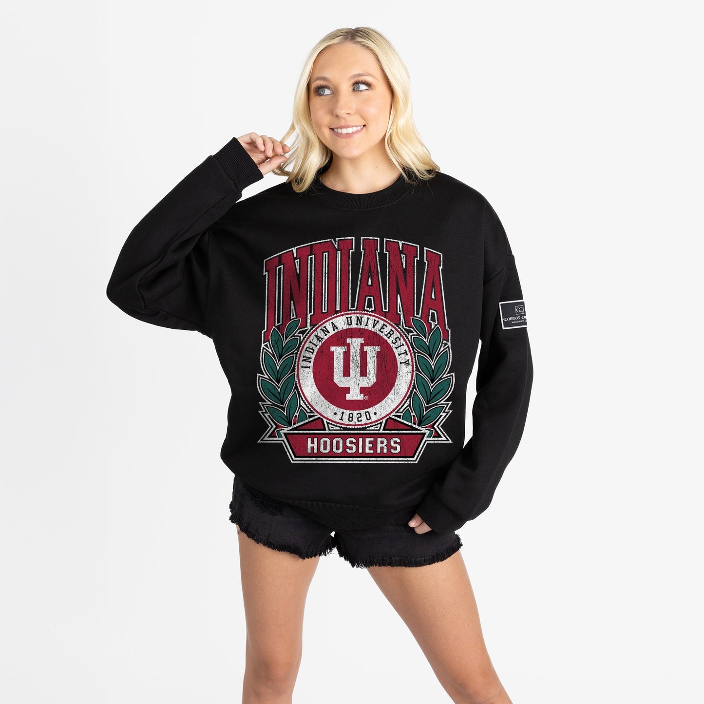 INDIANA HOOSIERS VICTORY LANE BLACK LABEL PREMIUM FLEECE DROP SHOULDER CREWNECK
