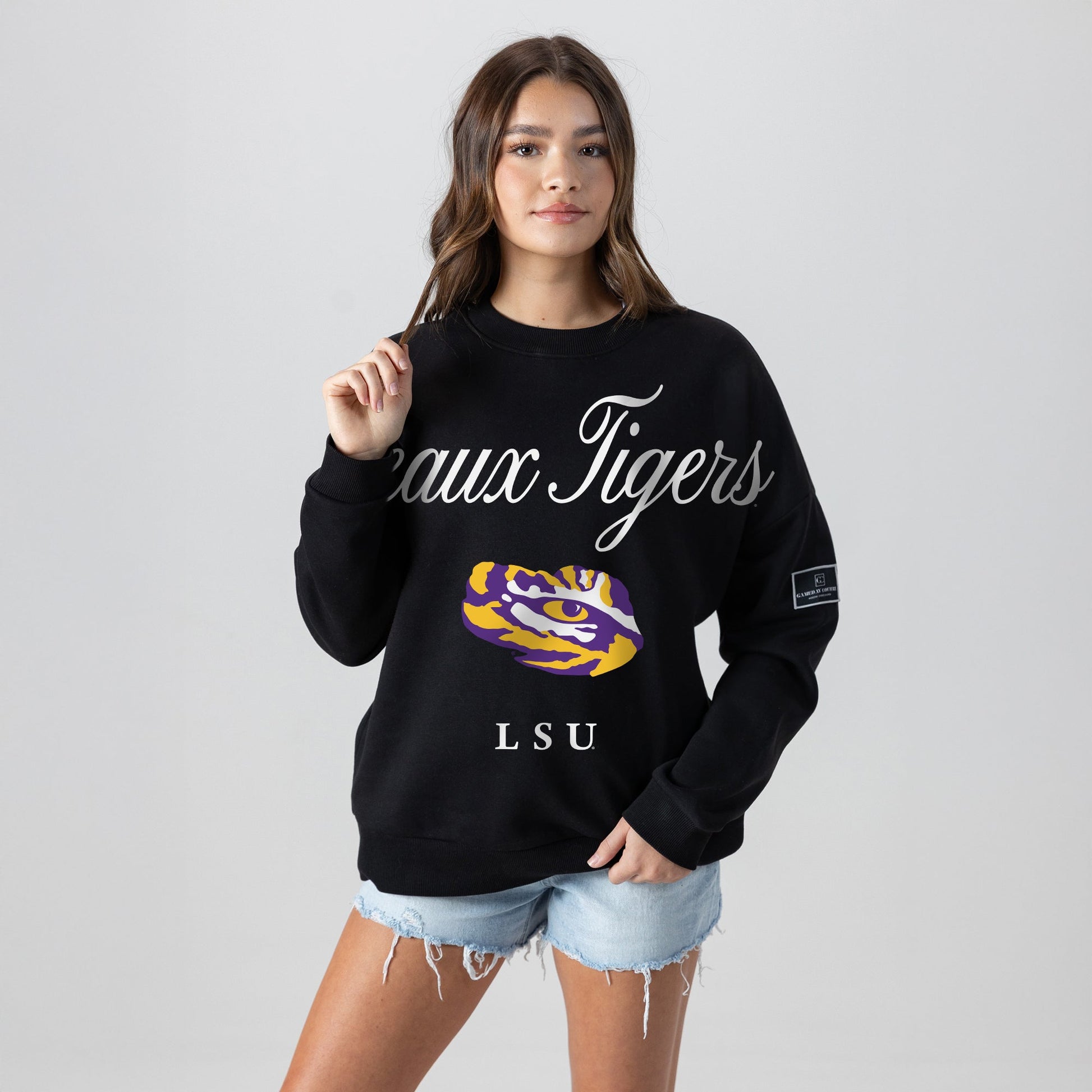 LSU TIGERS LEGACY CLUB BLACK LABEL PREMIUM FLEECE DROP SHOULDER CREWNECK