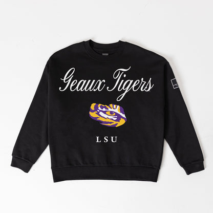 LSU TIGERS LEGACY CLUB BLACK LABEL PREMIUM FLEECE DROP SHOULDER CREWNECK