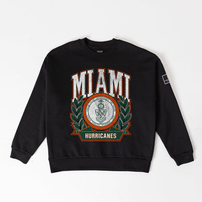MIAMI HURRICANES VICTORY LANE BLACK LABEL PREMIUM FLEECE DROP SHOULDER CREWNECK