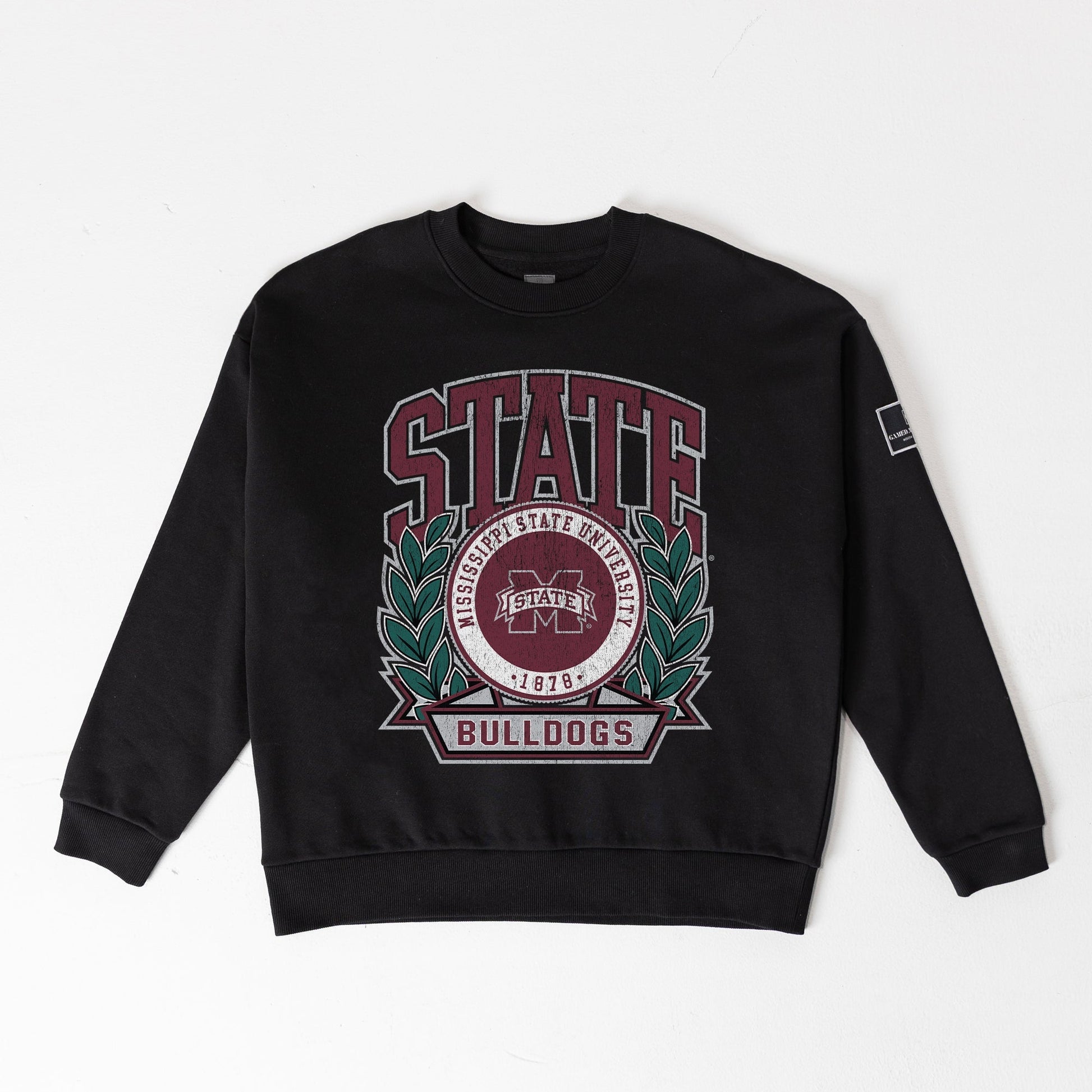 MISSISSIPPI STATE BULLDOGS VICTORY LANE BLACK LABEL PREMIUM FLEECE DROP SHOULDER CREWNECK