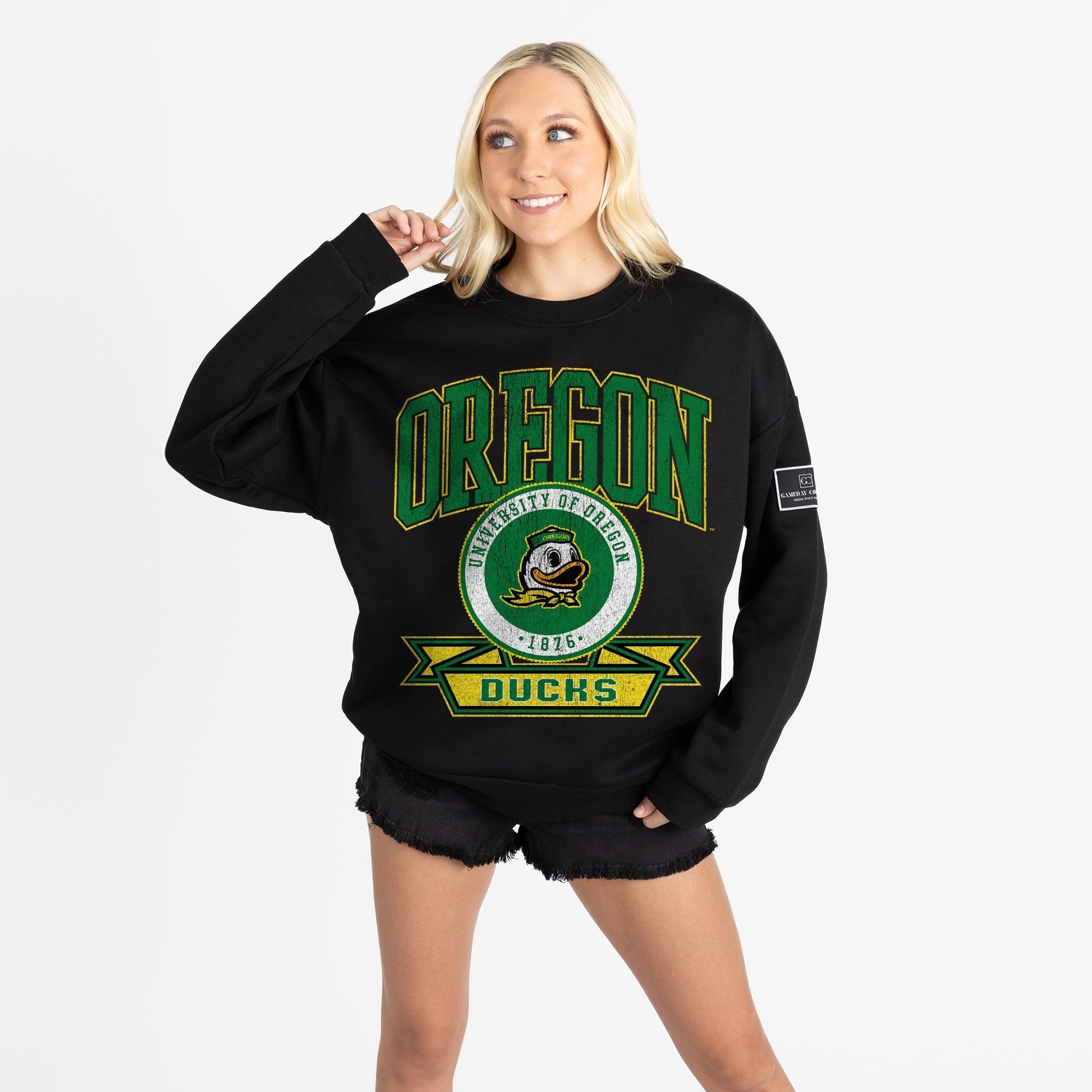 OREGON DUCKS VICTORY LANE BLACK LABEL PREMIUM FLEECE DROP SHOULDER CREWNECK