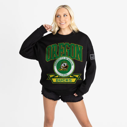 OREGON DUCKS VICTORY LANE BLACK LABEL PREMIUM FLEECE DROP SHOULDER CREWNECK