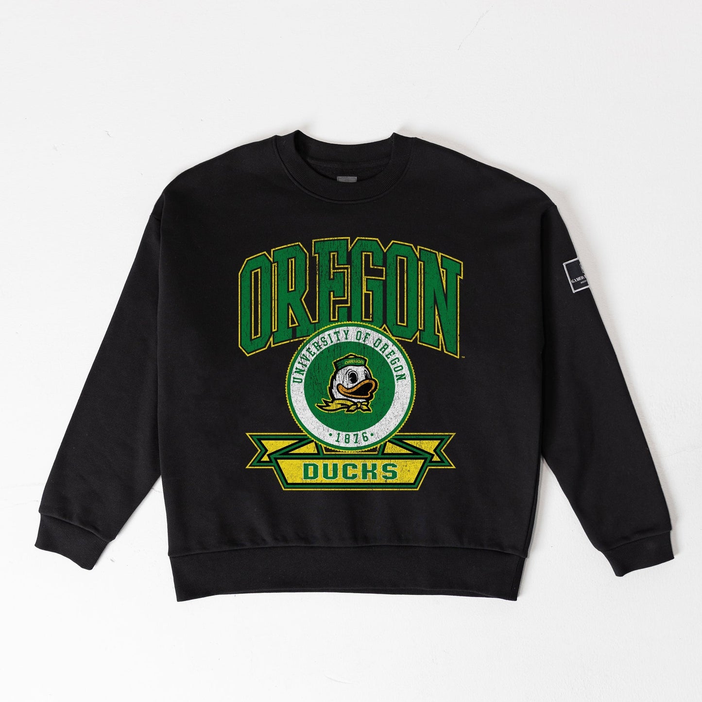 OREGON DUCKS VICTORY LANE BLACK LABEL PREMIUM FLEECE DROP SHOULDER CREWNECK