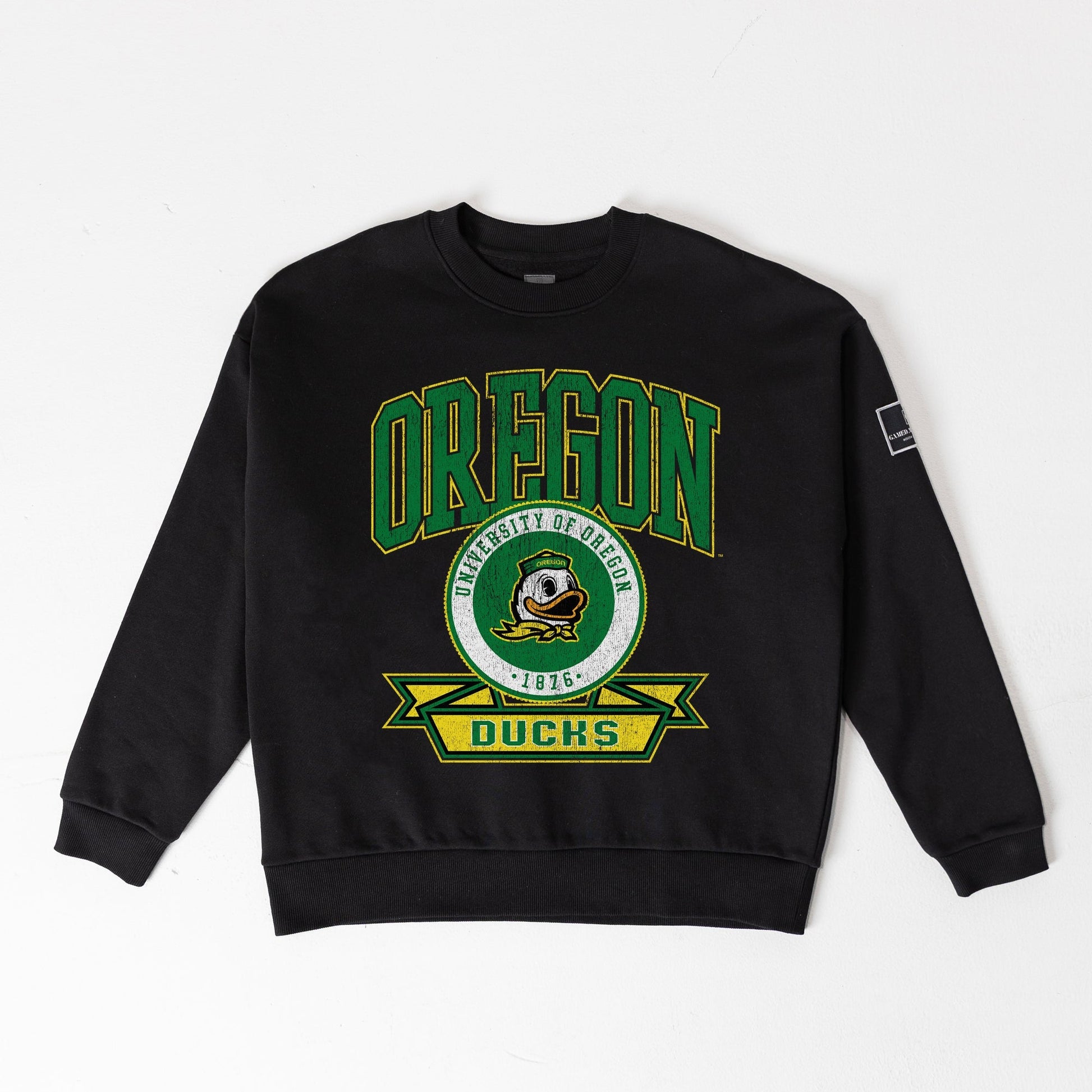 OREGON DUCKS VICTORY LANE BLACK LABEL PREMIUM FLEECE DROP SHOULDER CREWNECK