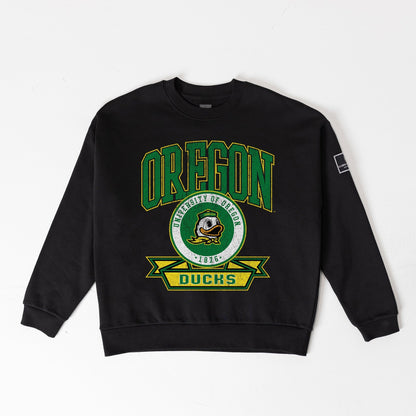 OREGON DUCKS VICTORY LANE BLACK LABEL PREMIUM FLEECE DROP SHOULDER CREWNECK