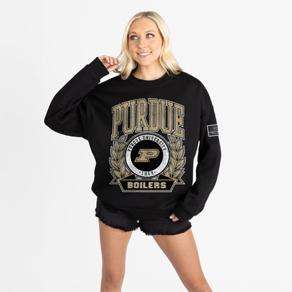 PURDUE BOILERMAKERS VICTORY LANE BLACK LABEL PREMIUM FLEECE DROP SHOULDER CREWNECK