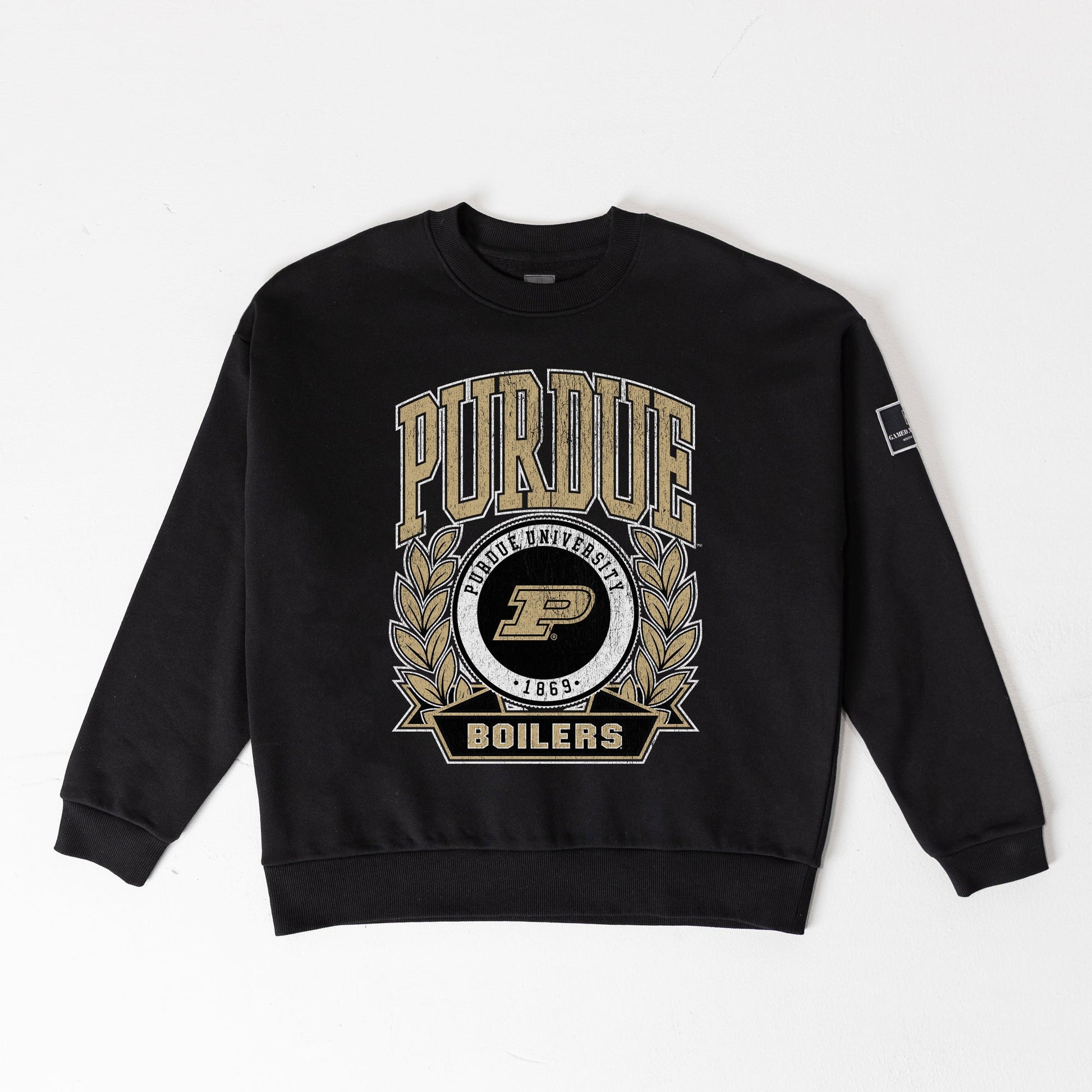 PURDUE BOILERMAKERS VICTORY LANE BLACK LABEL PREMIUM FLEECE DROP SHOULDER CREWNECK