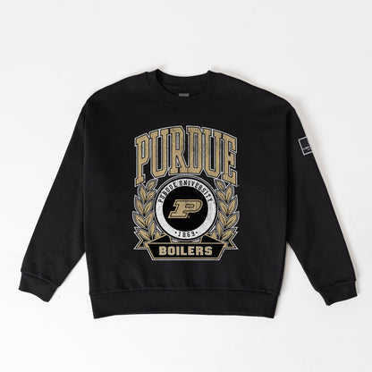 PURDUE BOILERMAKERS VICTORY LANE BLACK LABEL PREMIUM FLEECE DROP SHOULDER CREWNECK