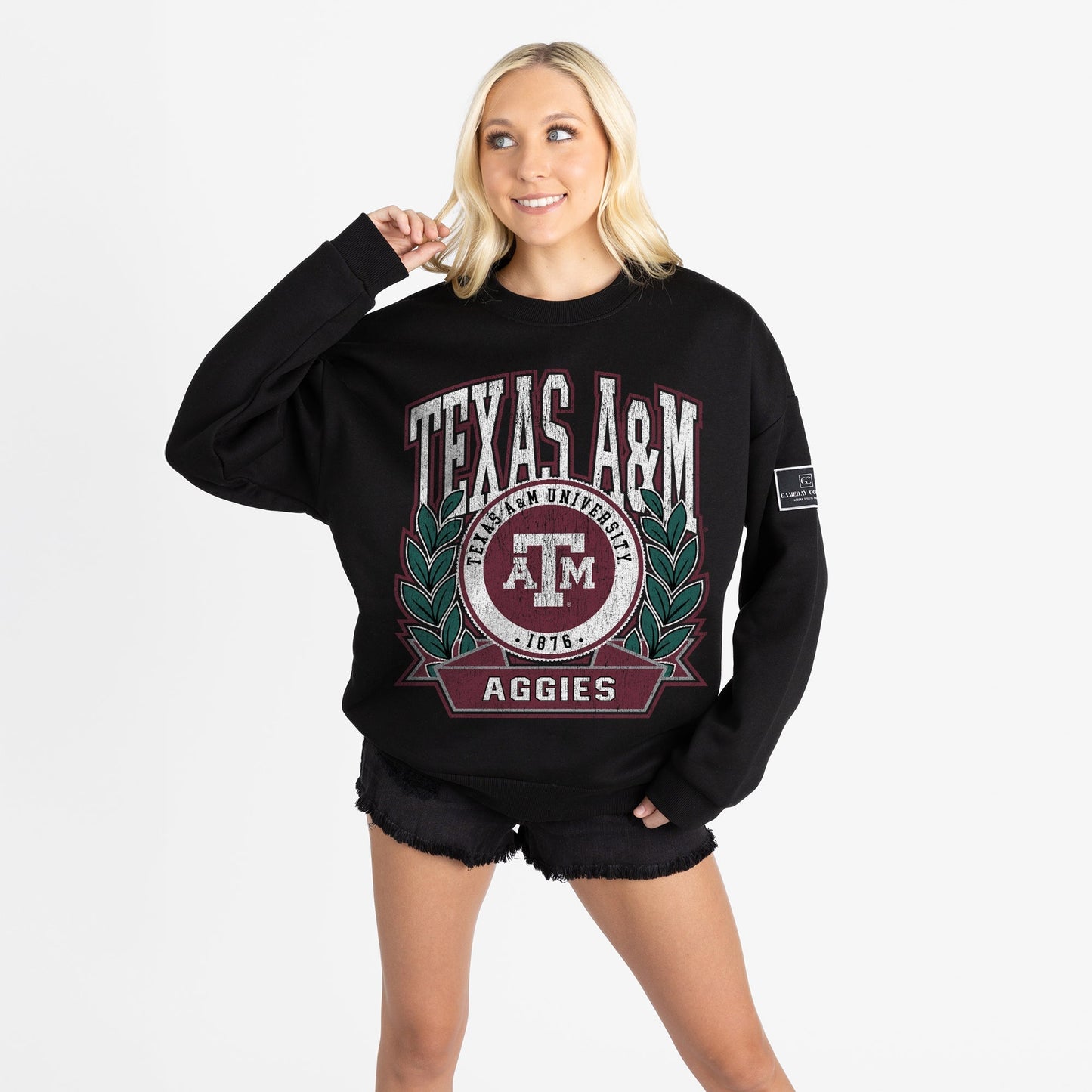 TEXAS A&M AGGIES VICTORY LANE BLACK LABEL PREMIUM FLEECE DROP SHOULDER CREWNECK
