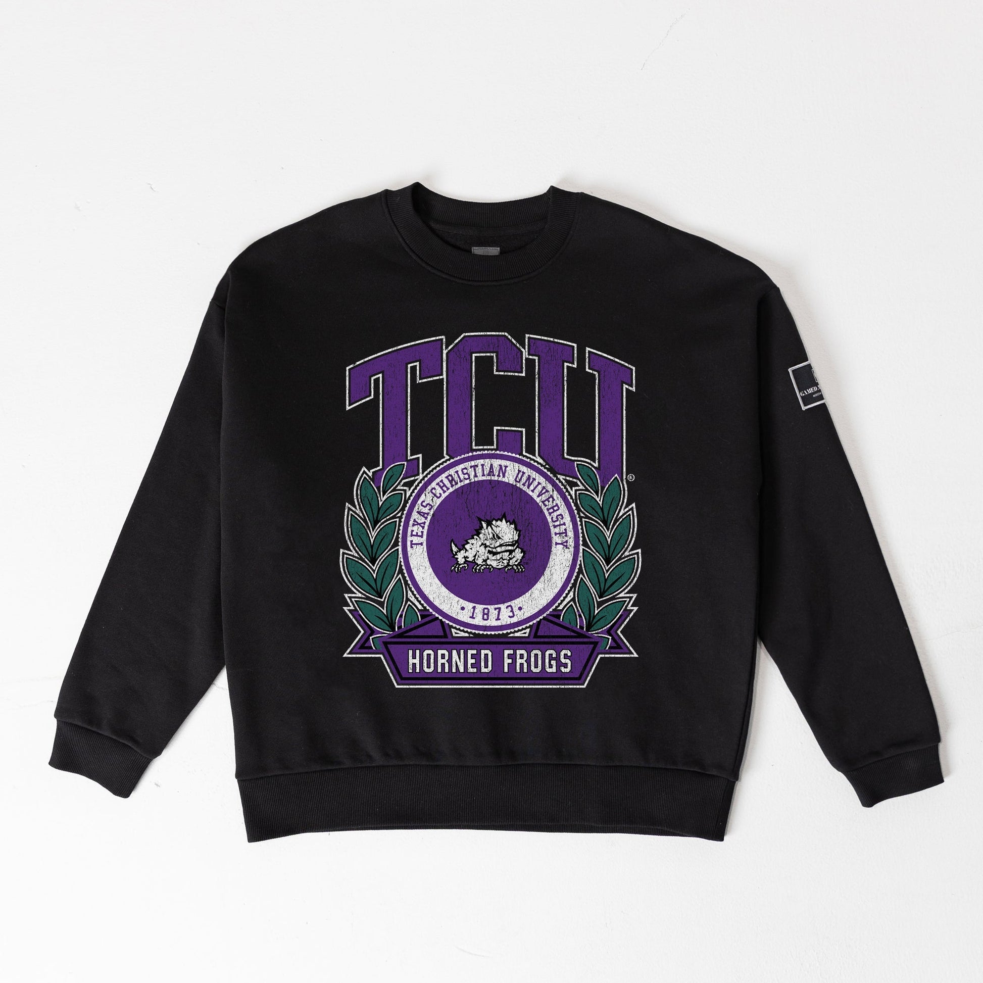 TCU HORNED FROGS VICTORY LANE BLACK LABEL PREMIUM FLEECE DROP SHOULDER CREWNECK