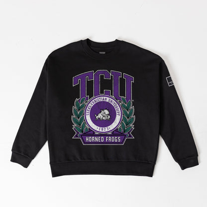 TCU HORNED FROGS VICTORY LANE BLACK LABEL PREMIUM FLEECE DROP SHOULDER CREWNECK