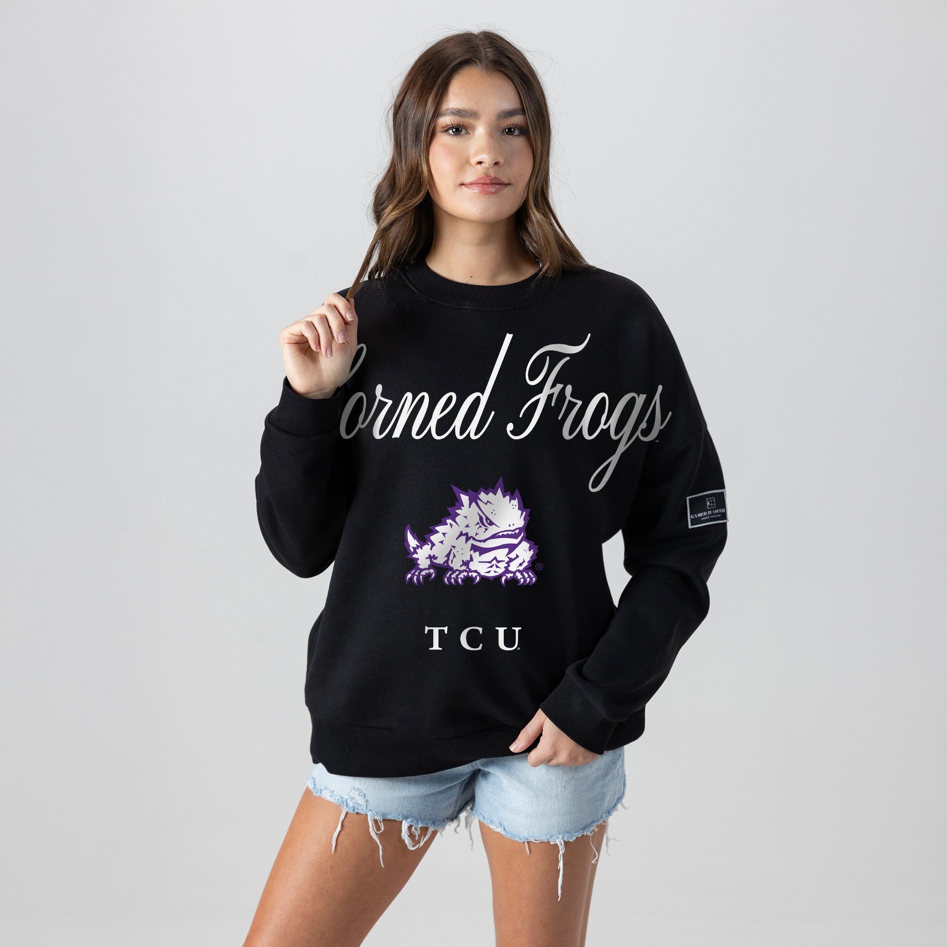 TCU HORNED FROGS LEGACY CLUB BLACK LABEL PREMIUM FLEECE DROP SHOULDER CREWNECK