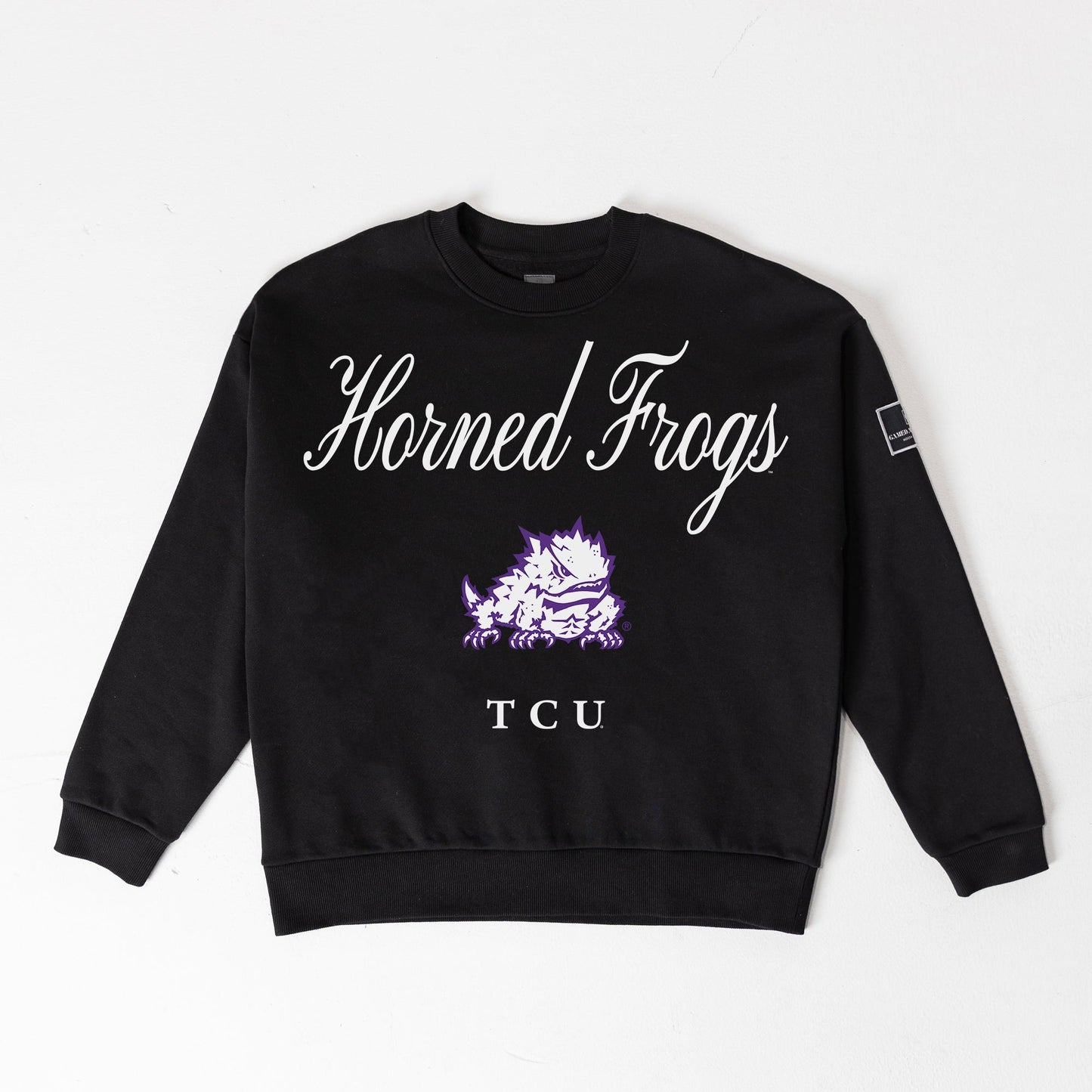 TCU HORNED FROGS LEGACY CLUB BLACK LABEL PREMIUM FLEECE DROP SHOULDER CREWNECK