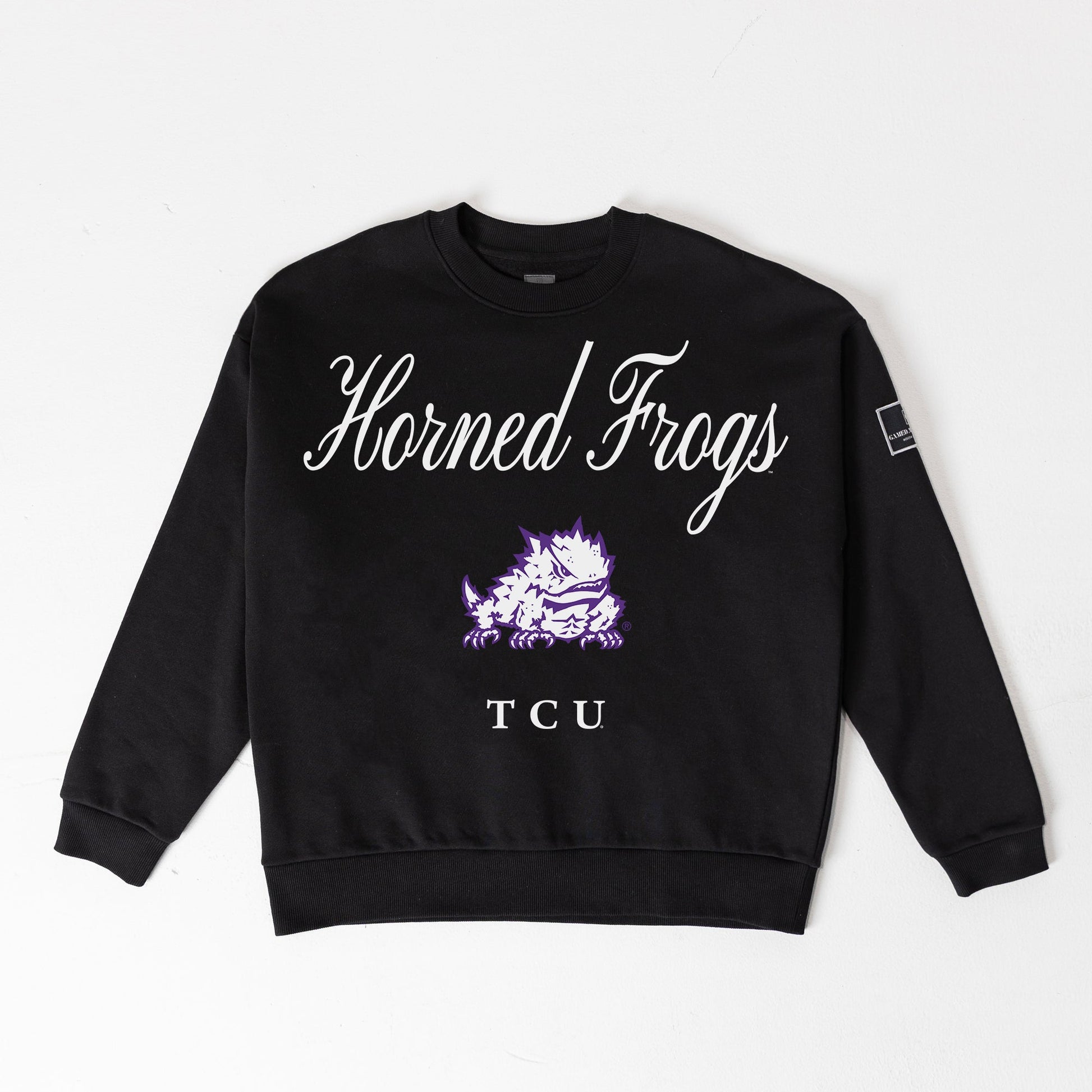 TCU HORNED FROGS LEGACY CLUB BLACK LABEL PREMIUM FLEECE DROP SHOULDER CREWNECK