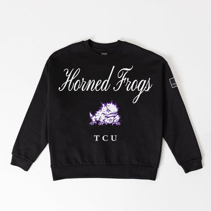 TCU HORNED FROGS LEGACY CLUB BLACK LABEL PREMIUM FLEECE DROP SHOULDER CREWNECK
