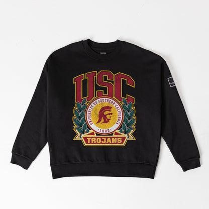 USC TROJANS VICTORY LANE BLACK LABEL PREMIUM FLEECE DROP SHOULDER CREWNECK