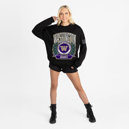 WASHINGTON HUSKIES VICTORY LANE BLACK LABEL PREMIUM FLEECE DROP SHOULDER CREWNECK