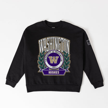 WASHINGTON HUSKIES VICTORY LANE BLACK LABEL PREMIUM FLEECE DROP SHOULDER CREWNECK