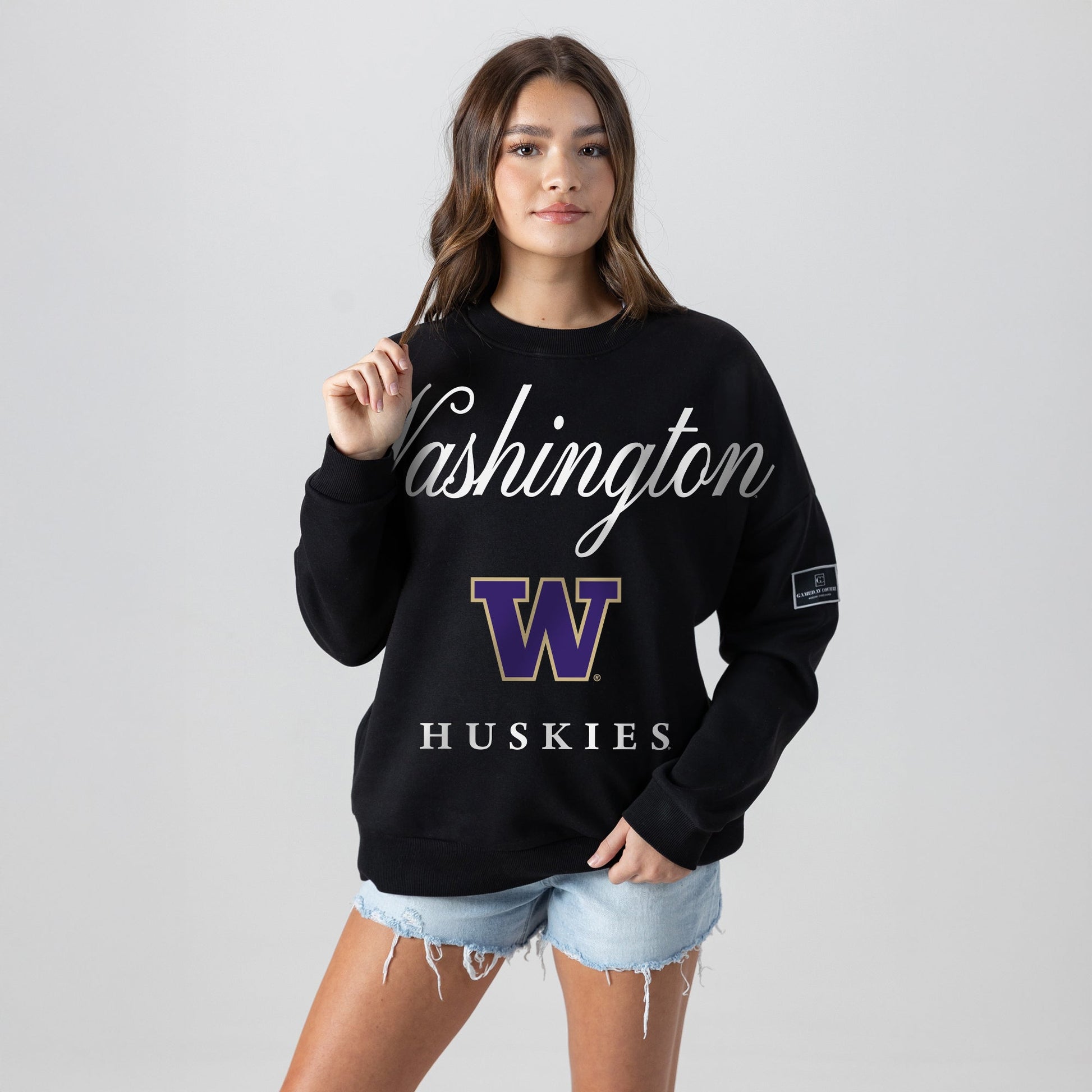 WASHINGTON HUSKIES LEGACY CLUB BLACK LABEL PREMIUM FLEECE DROP SHOULDER CREWNECK