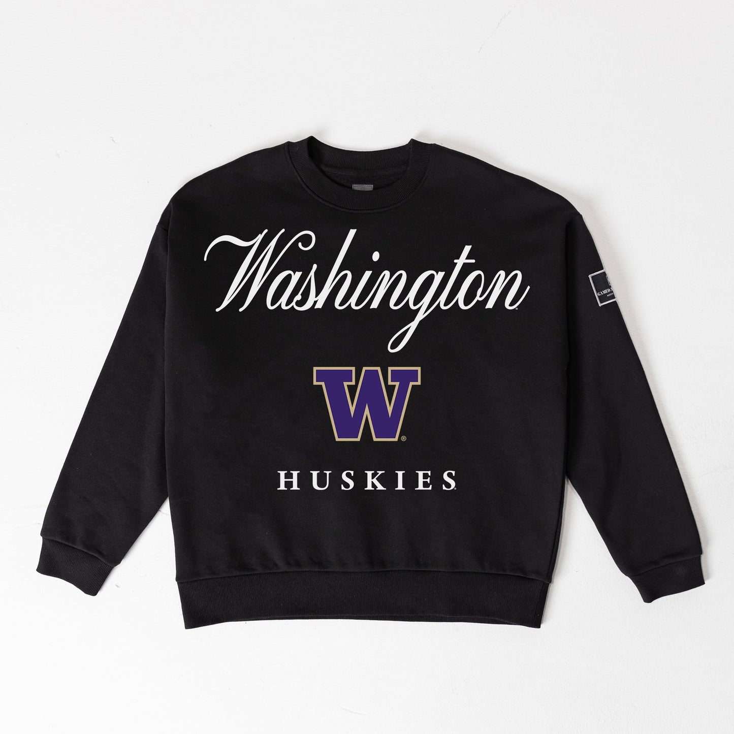 WASHINGTON HUSKIES LEGACY CLUB BLACK LABEL PREMIUM FLEECE DROP SHOULDER CREWNECK