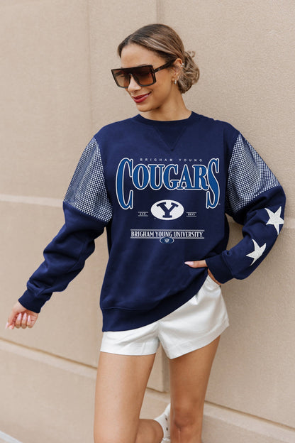 BYU COUGARS SHINING SPIRIT CREWNECK FLEECE PULLOVER WITH CONTRASTING JERSEY MESH SHOULDER INSERTS, RHINESTUD STARS, AND RIBBED CUFFS AND WAISTBAND