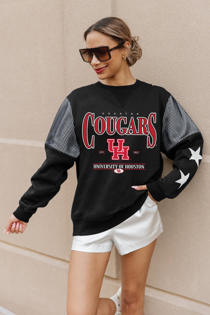 HOUSTON COUGARS SHINING SPIRIT CREWNECK FLEECE PULLOVER WITH CONTRASTING JERSEY MESH SHOULDER INSERTS, RHINESTUD STARS, AND RIBBED CUFFS AND WAISTBAND