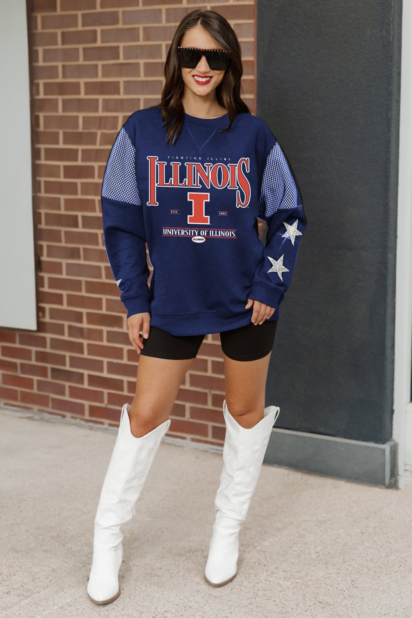 ILLINOIS FIGHTING ILLINI SHINING SPIRIT CREWNECK FLEECE PULLOVER WITH CONTRASTING JERSEY MESH SHOULDER INSERTS, RHINESTUD STARS, AND RIBBED CUFFS AND WAISTBAND