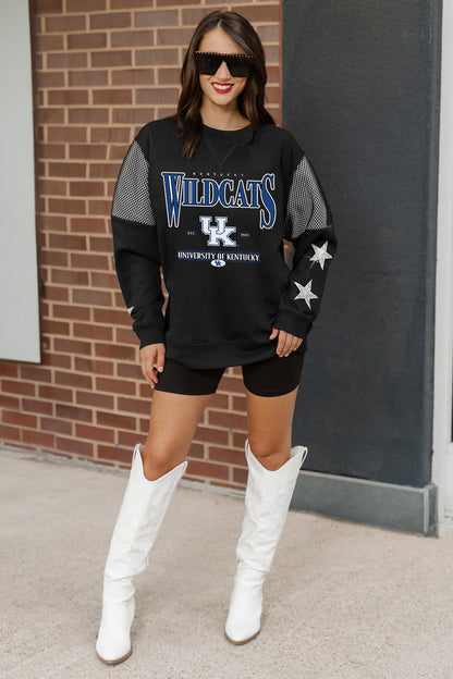 KENTUCKY WILDCATS SHINING SPIRIT CREWNECK FLEECE PULLOVER WITH CONTRASTING JERSEY MESH SHOULDER INSERTS, RHINESTUD STARS, AND RIBBED CUFFS AND WAISTBAND