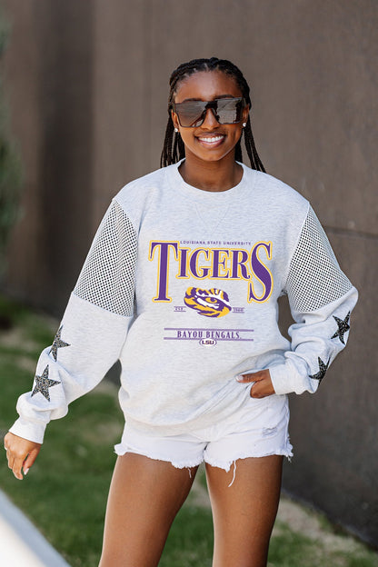 LSU TIGERS SHINING SPIRIT CREWNECK FLEECE PULLOVER WITH CONTRASTING JERSEY MESH SHOULDER INSERTS, RHINESTUD STARS, AND RIBBED CUFFS AND WAISTBAND