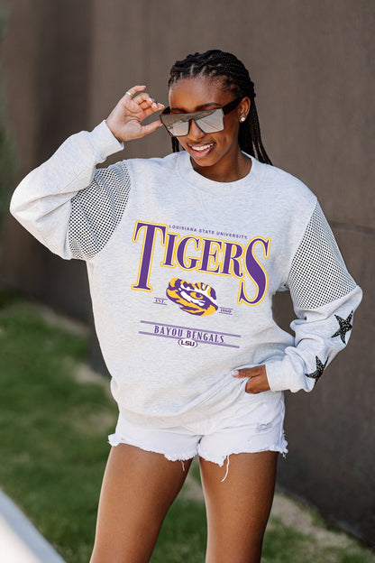 LSU TIGERS SHINING SPIRIT CREWNECK FLEECE PULLOVER WITH CONTRASTING JERSEY MESH SHOULDER INSERTS, RHINESTUD STARS, AND RIBBED CUFFS AND WAISTBAND