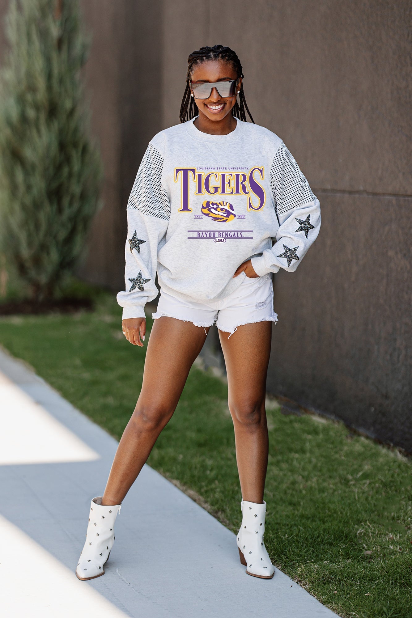 LSU TIGERS SHINING SPIRIT CREWNECK FLEECE PULLOVER WITH CONTRASTING JERSEY MESH SHOULDER INSERTS, RHINESTUD STARS, AND RIBBED CUFFS AND WAISTBAND