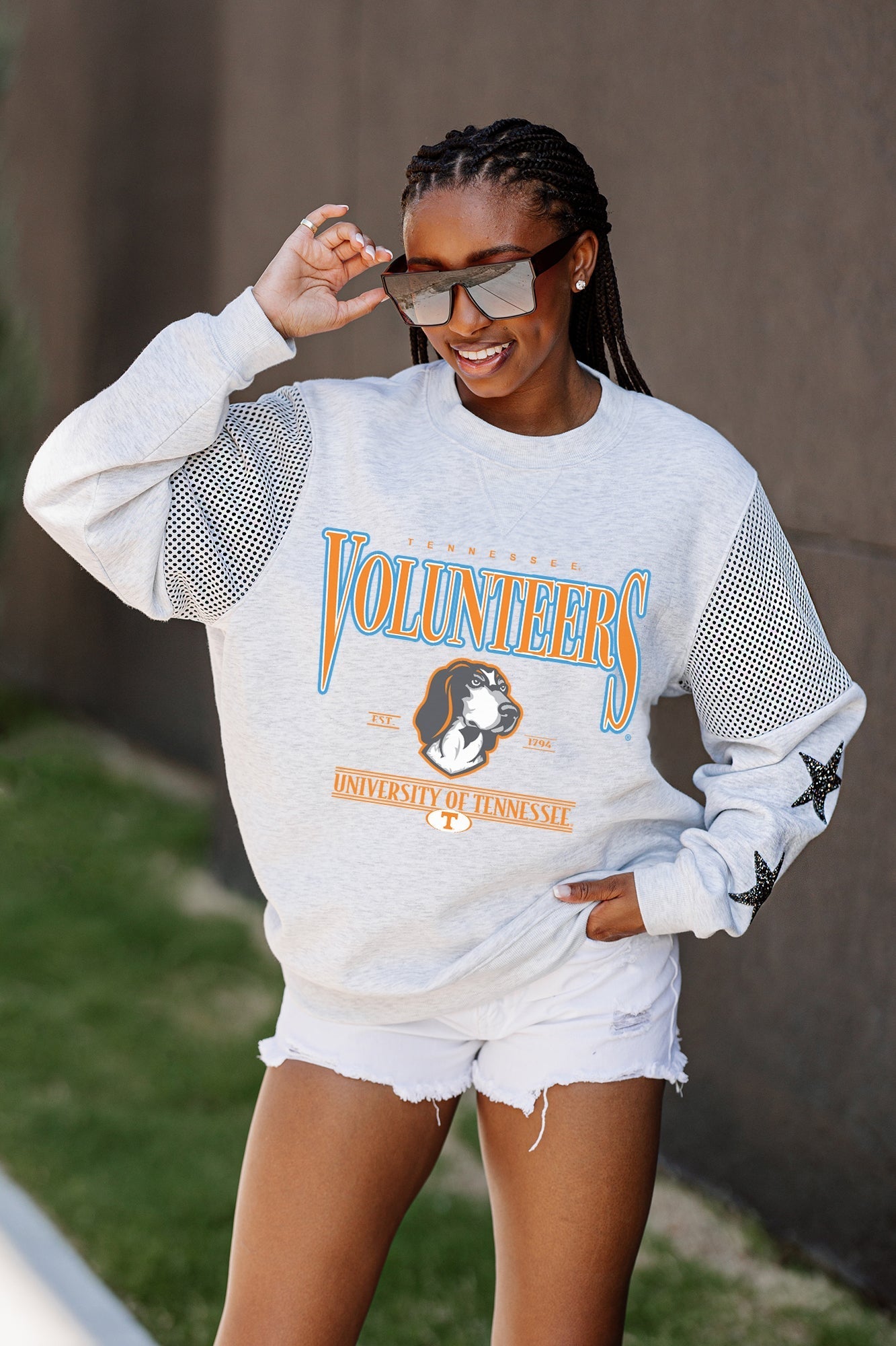 TENNESSEE VOLUNTEERS SHINING SPIRIT CREWNECK FLEECE PULLOVER WITH CONTRASTING JERSEY MESH SHOULDER INSERTS, RHINESTUD STARS, AND RIBBED CUFFS AND WAISTBAND