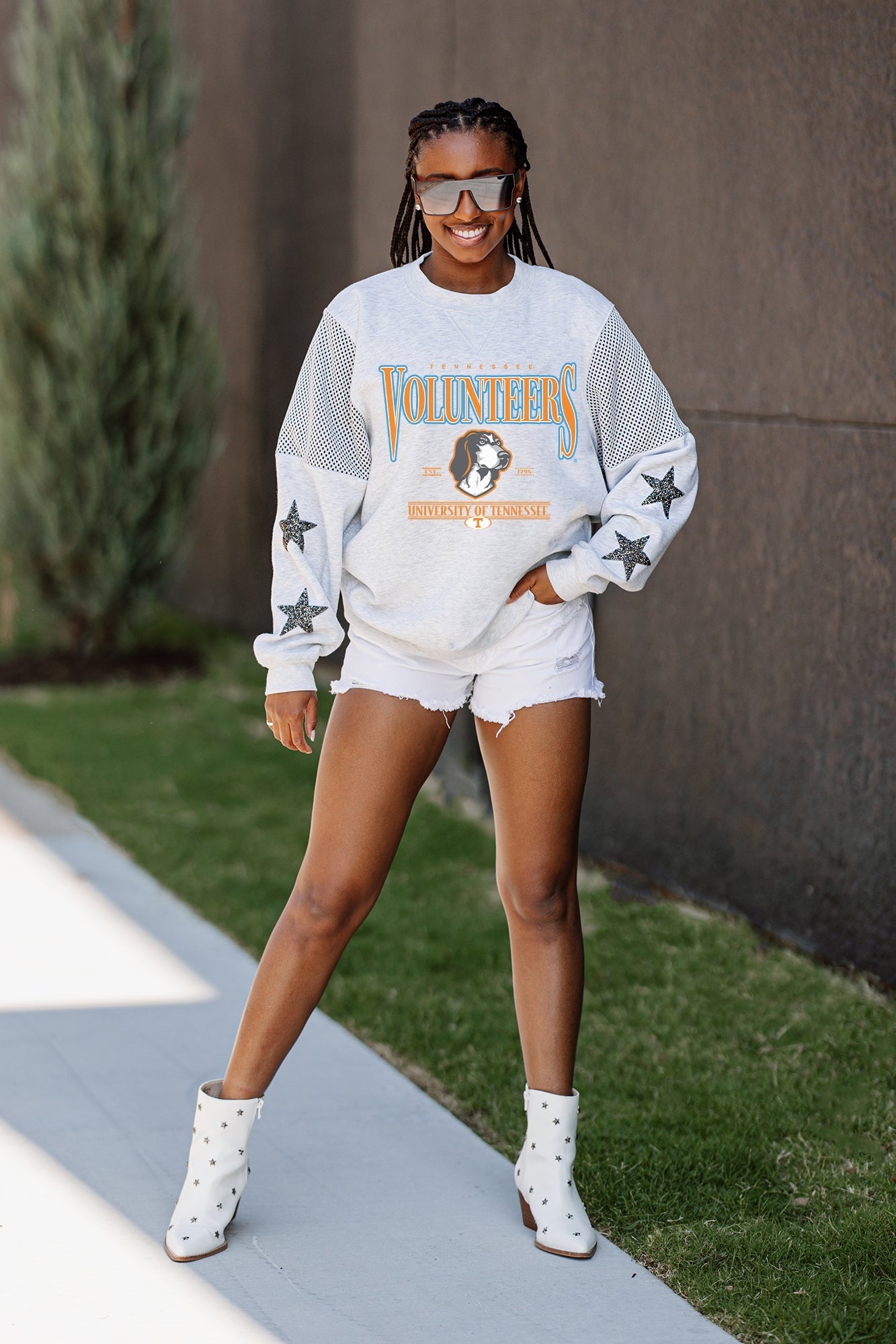 TENNESSEE VOLUNTEERS SHINING SPIRIT CREWNECK FLEECE PULLOVER WITH CONTRASTING JERSEY MESH SHOULDER INSERTS, RHINESTUD STARS, AND RIBBED CUFFS AND WAISTBAND