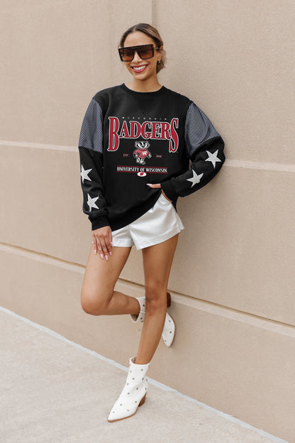 WISCONSIN BADGERS SHINING SPIRIT CREWNECK FLEECE PULLOVER WITH CONTRASTING JERSEY MESH SHOULDER INSERTS, RHINESTUD STARS, AND RIBBED CUFFS AND WAISTBAND