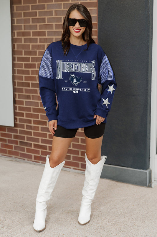 XAVIER MUSKETEERS SHINING SPIRIT CREWNECK FLEECE PULLOVER WITH CONTRASTING JERSEY MESH SHOULDER INSERTS, RHINESTUD STARS, AND RIBBED CUFFS AND WAISTBAND