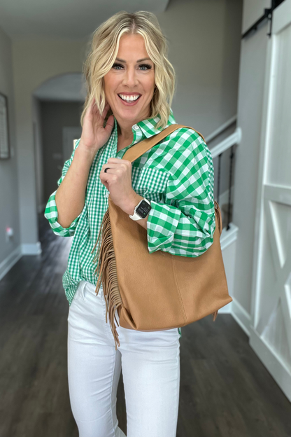 Tan Vegan Leather Fringe Tote - On Model Styled Look | Gameday Couture - SOHO