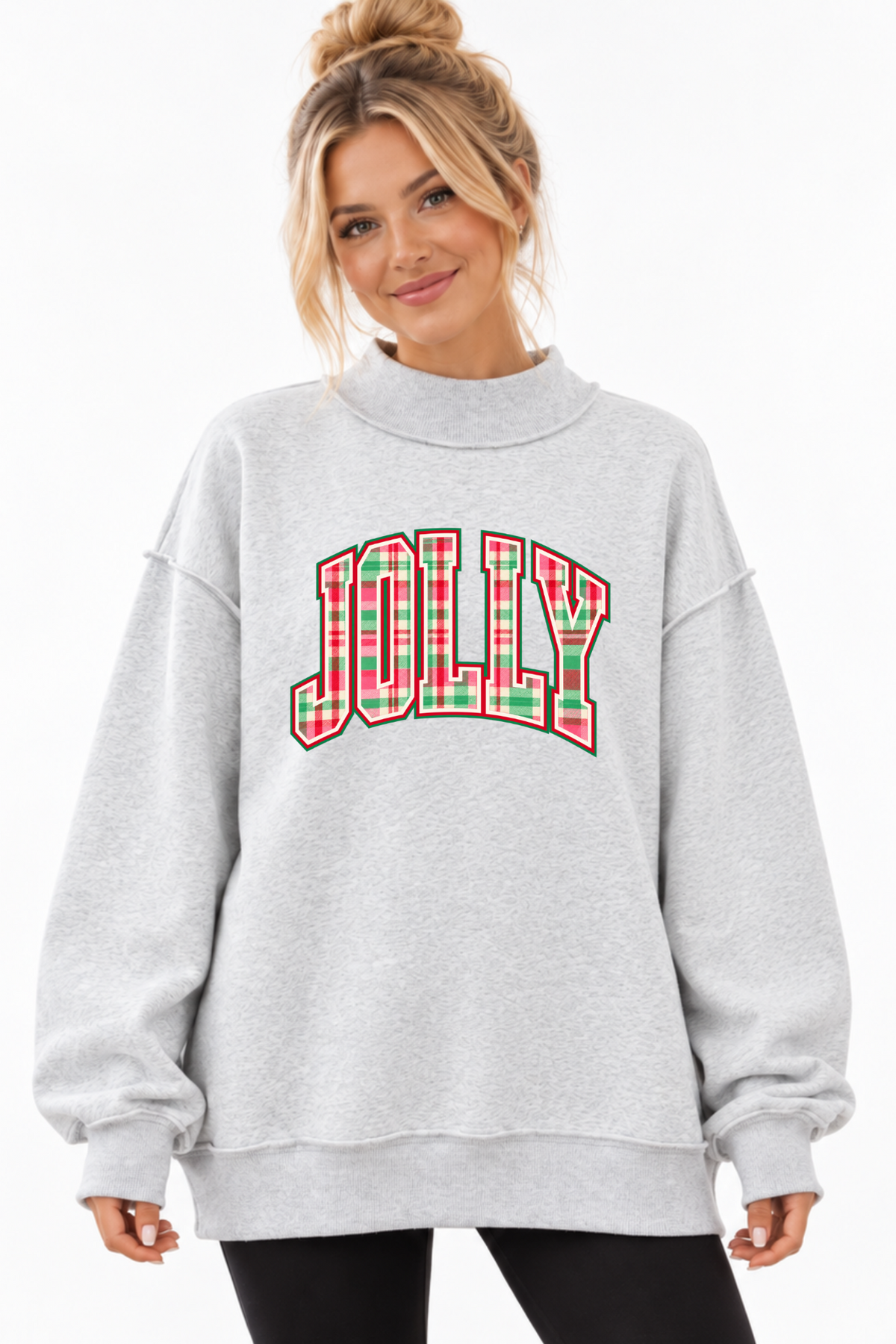 Jolly Pink Green Plaid Christmas Mock Neck Sweatshirt